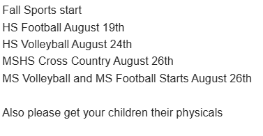 message about fall sports dates and reminder of physicals